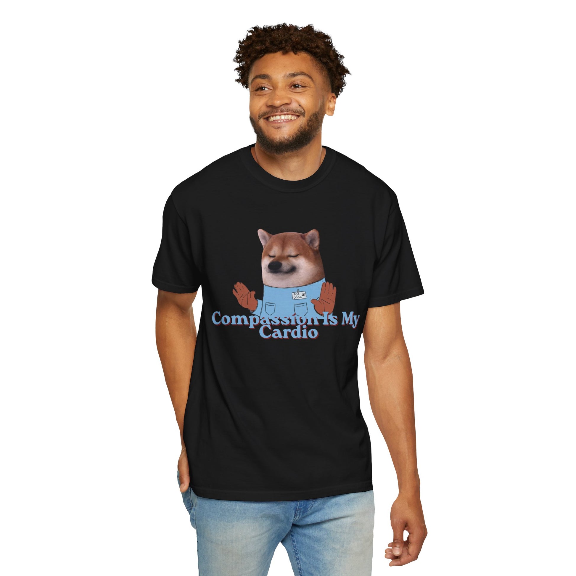 Heavyweight cotton tee featuring illustrated dog and empathy slogan