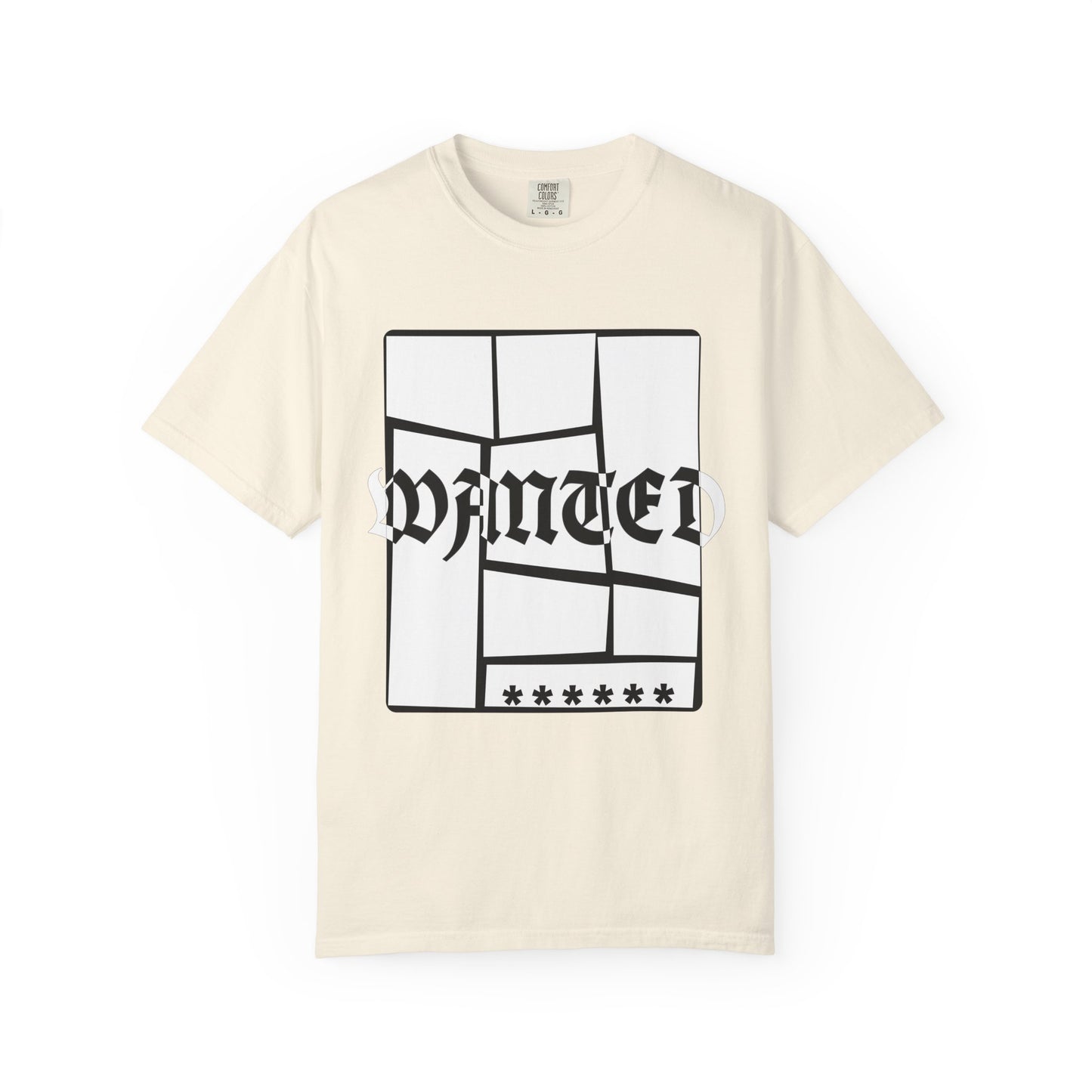 Heavyweight cotton tee with fractured glass WANTED graphic centered on chest