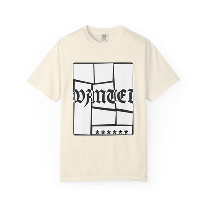 Heavyweight cotton tee with fractured glass WANTED graphic centered on chest