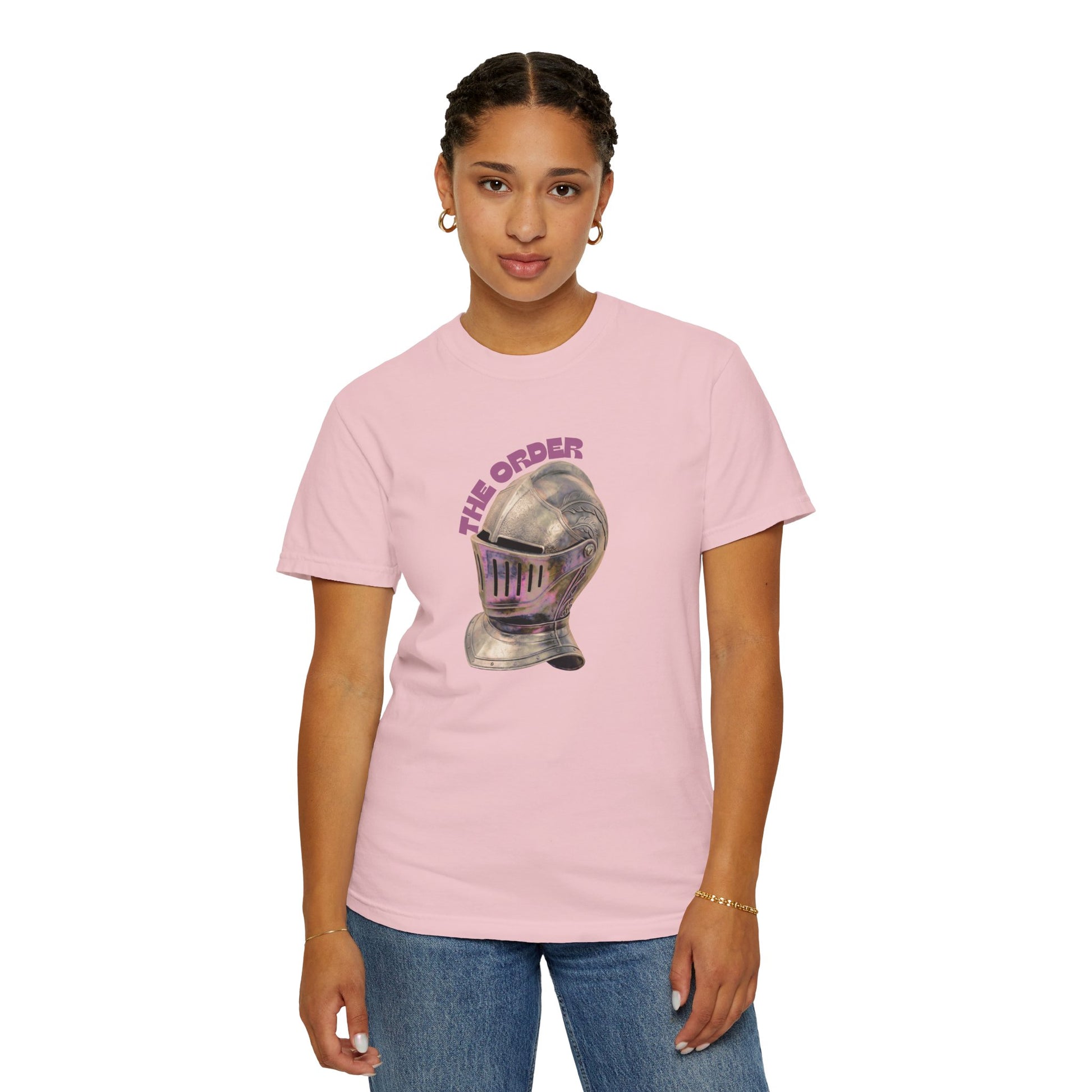 Heavyweight garment-dyed fan apparel tee with steampunk knight visor detail close-up
