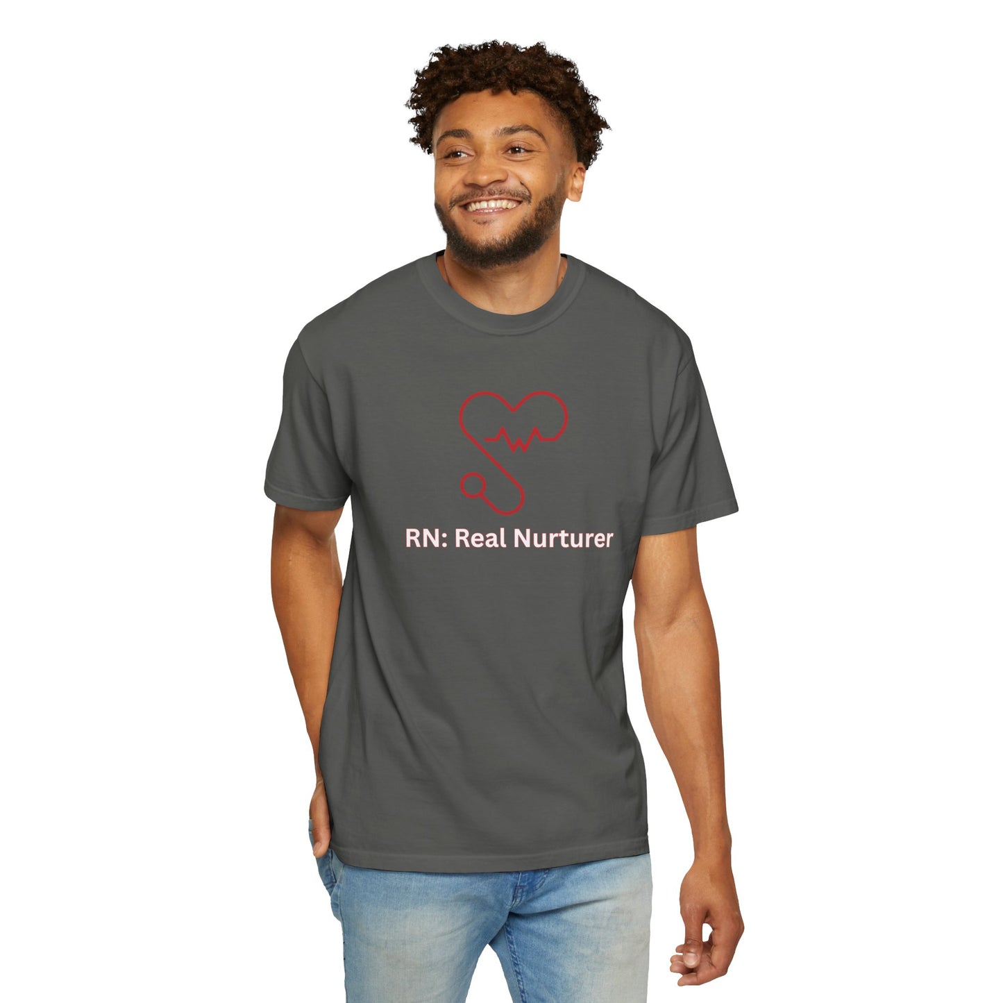 Heavyweight garment-dyed shirt for nurses with heartbeat and stethoscope graphic
