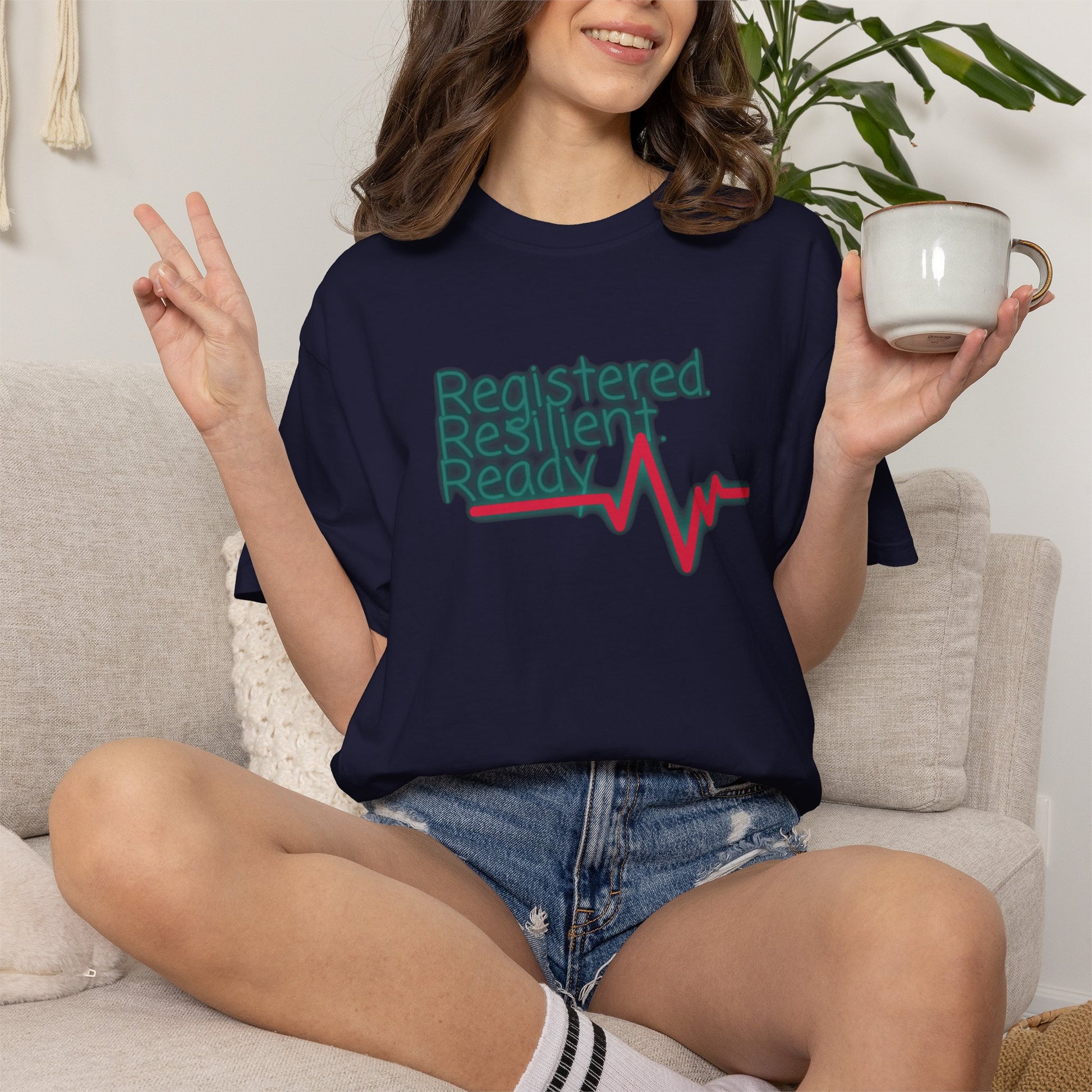 Heavyweight garment-dyed shirt for nurses with heartbeat line graphic
