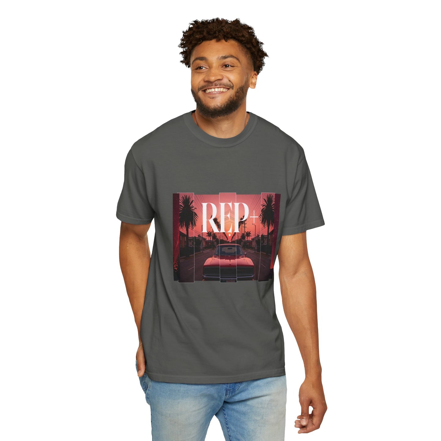 Heavyweight garment-dyed tee with outrun-style palm tree and muscle car artwork