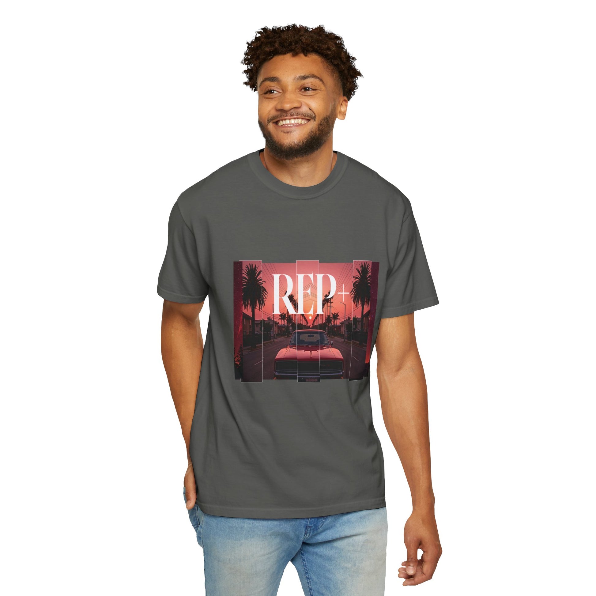Heavyweight garment-dyed tee with outrun-style palm tree and muscle car artwork