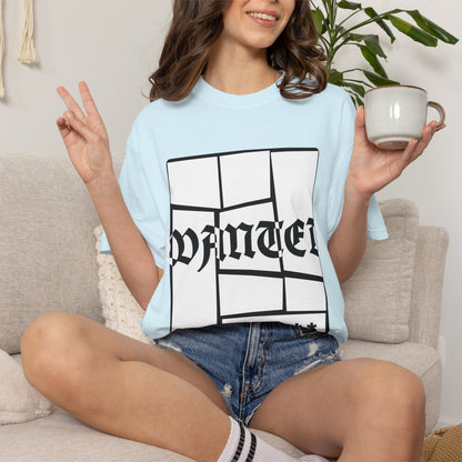 Heavyweight garment dyed navy tee with bold WANTED poster print