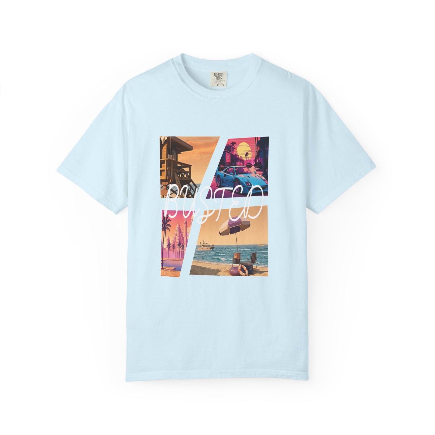 Heavyweight garment dyed tee featuring neon Miami beach graphic