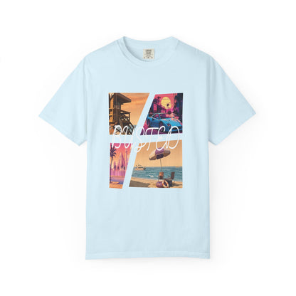 Heavyweight garment dyed tee featuring neon Miami beach graphic