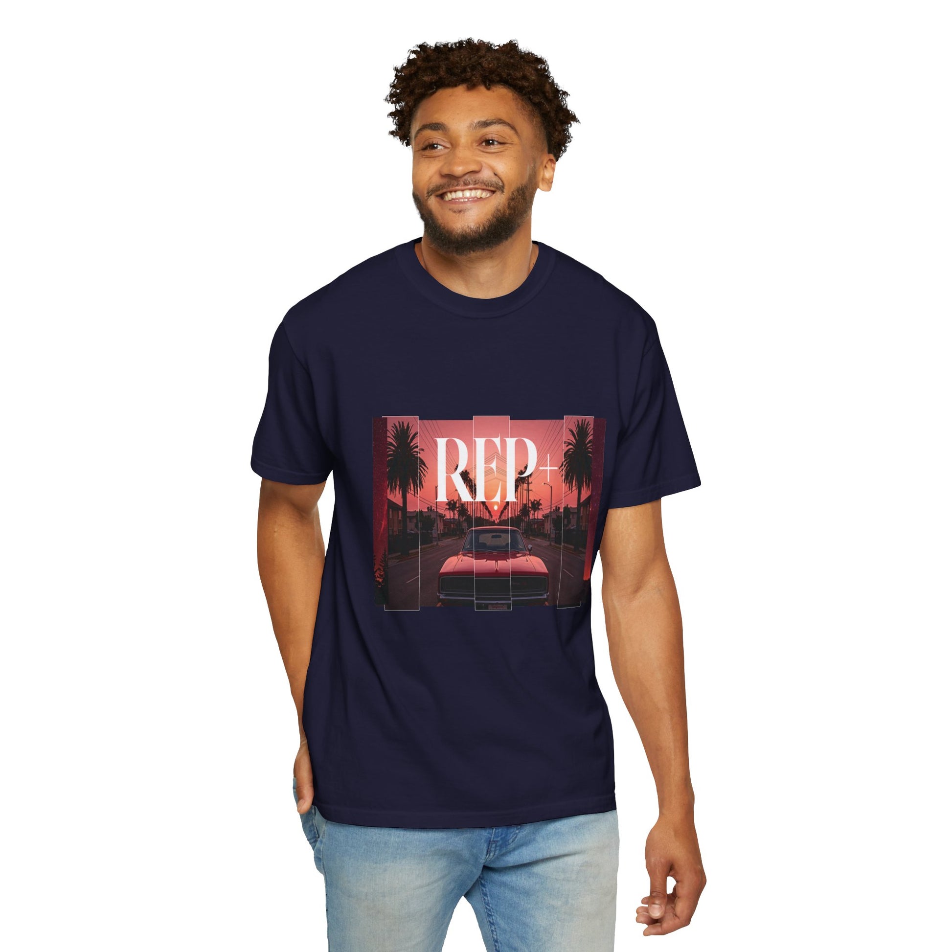 Heavyweight streetwear tee with copper skyline and chrome muscle car street scene