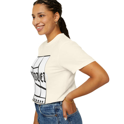 Heavyweight unisex navy tee with broken glass WANTED typography