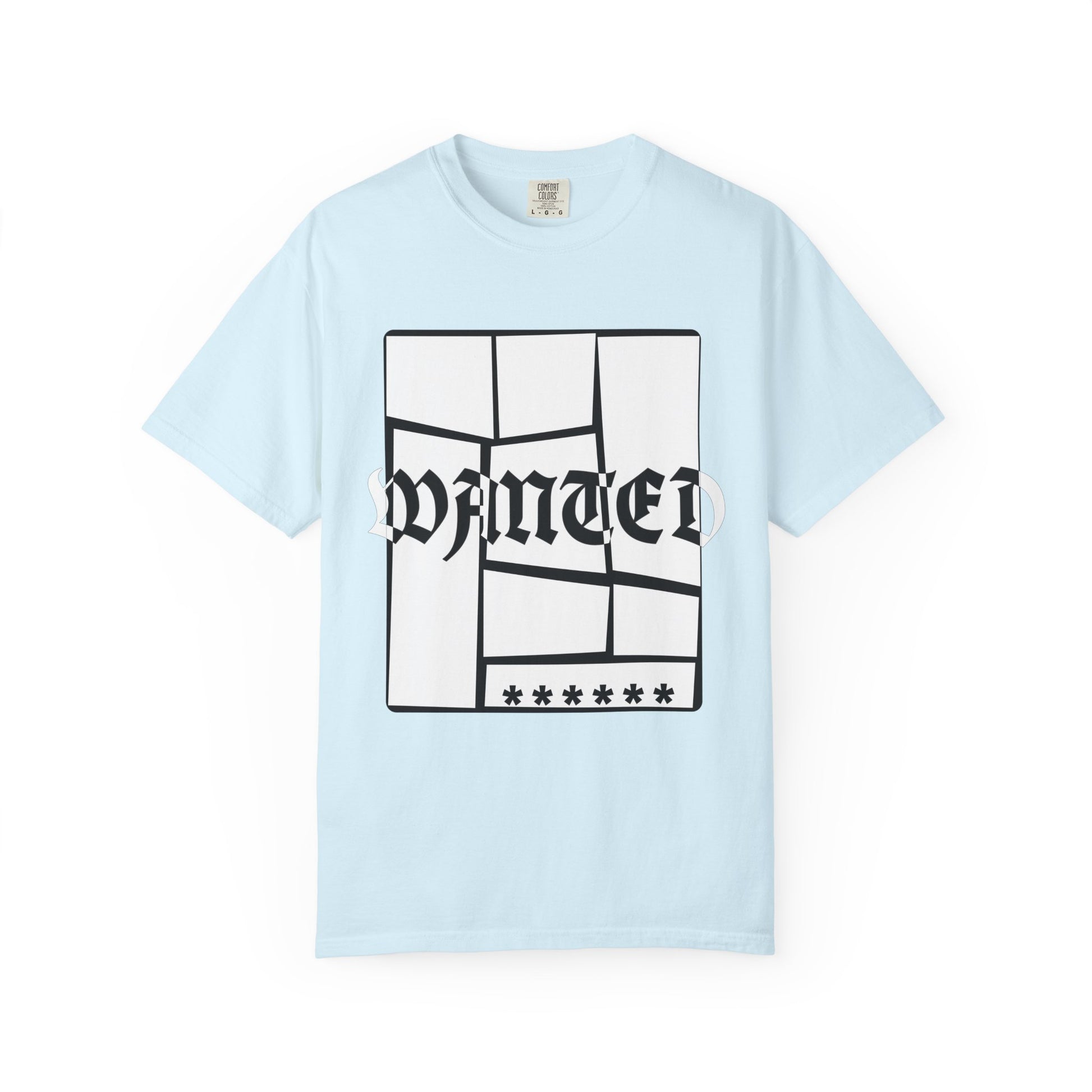 Heavyweight unisex tee featuring distorted WANTED typography and asterisk row