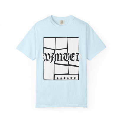 Heavyweight unisex tee featuring distorted WANTED typography and asterisk row