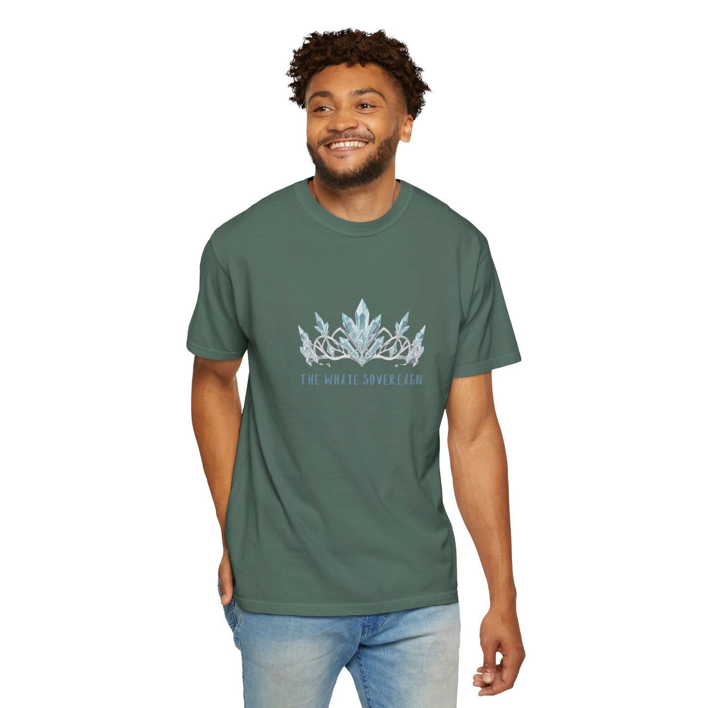 Heavyweight white tee with a detailed blue crown print on the chest.