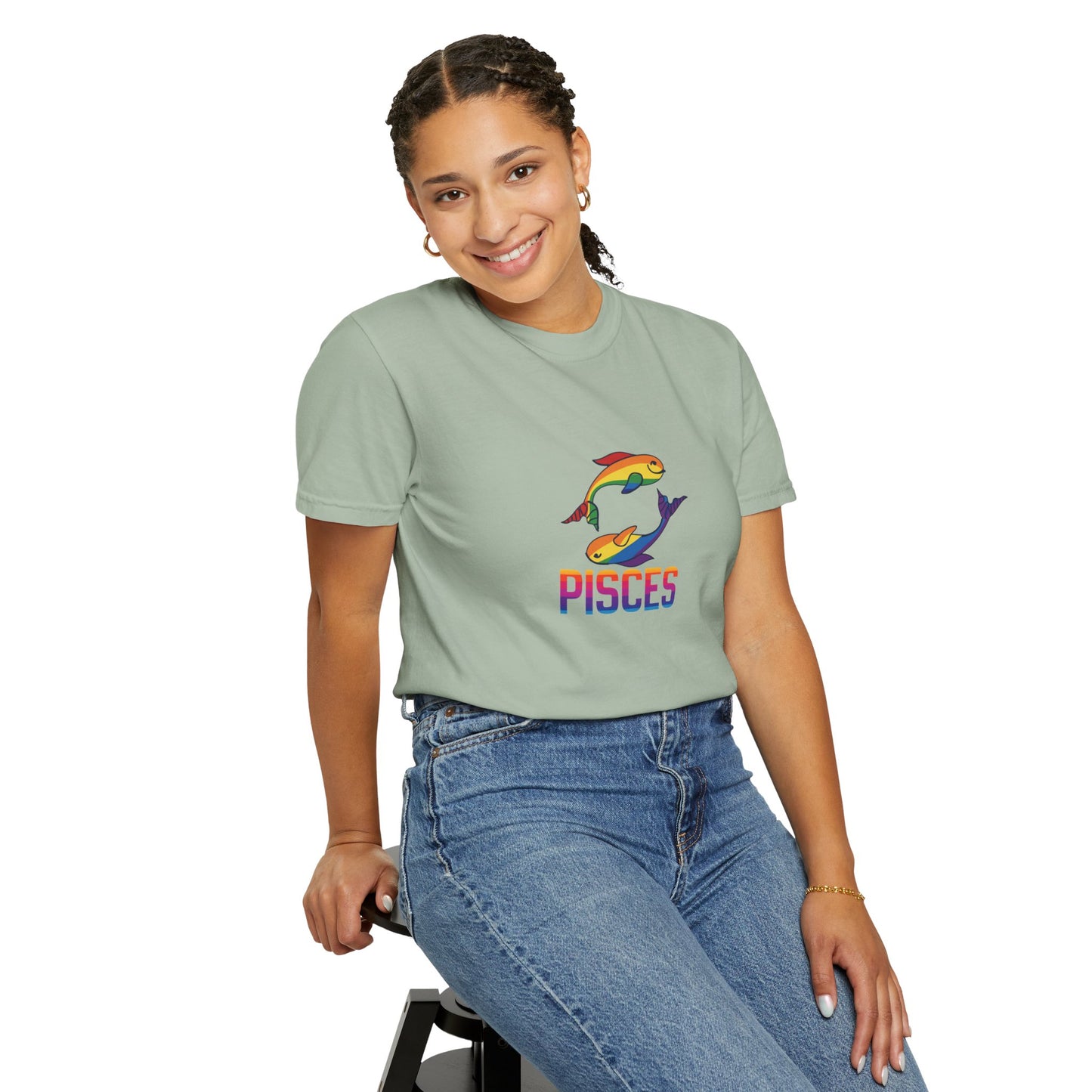 High-quality garment-dyed tee featuring artistic Pisces embroidery-style print.