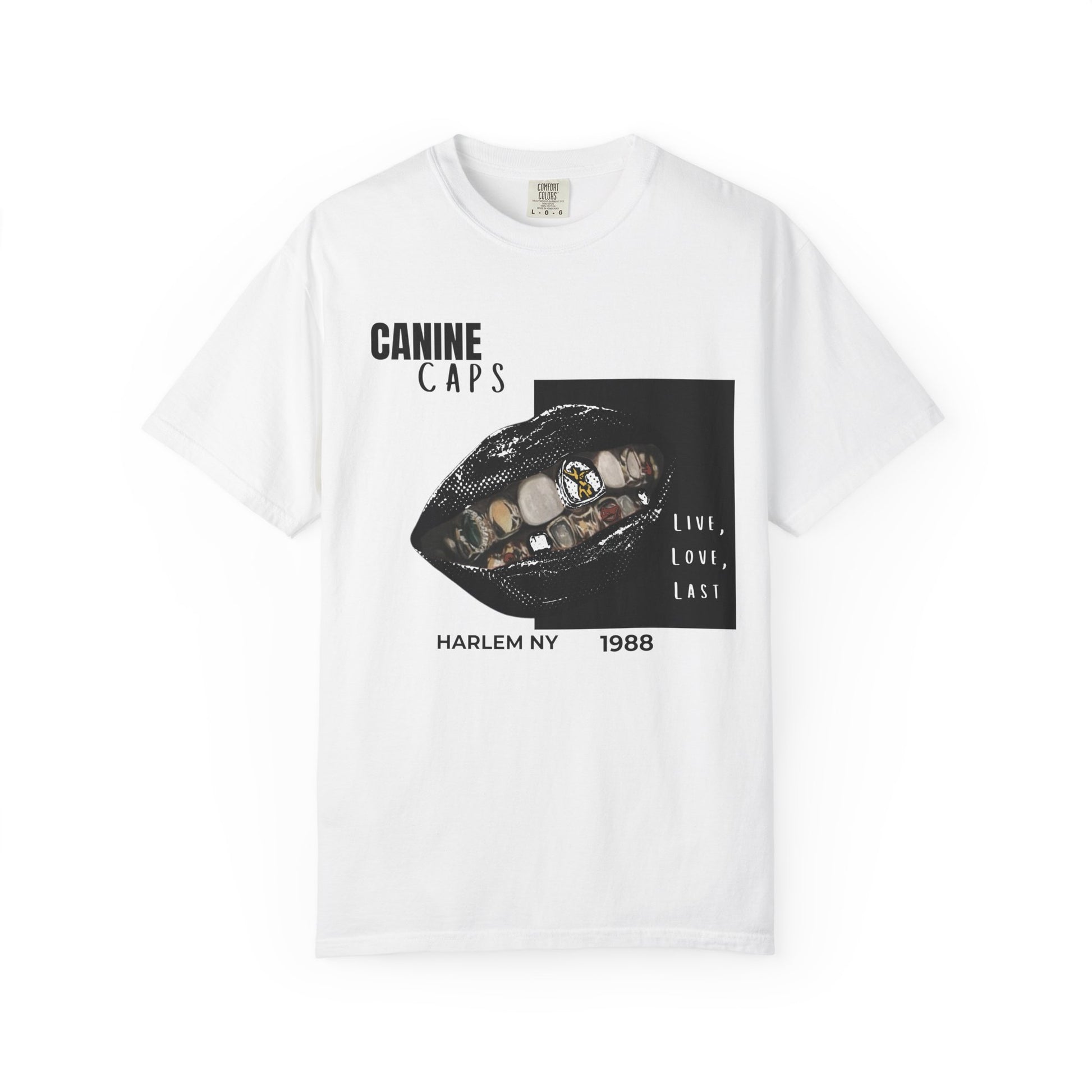 Hip-hop canine street graphic t-shirt front view flat lay