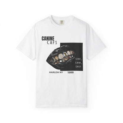 Hip-hop canine street graphic t-shirt front view flat lay