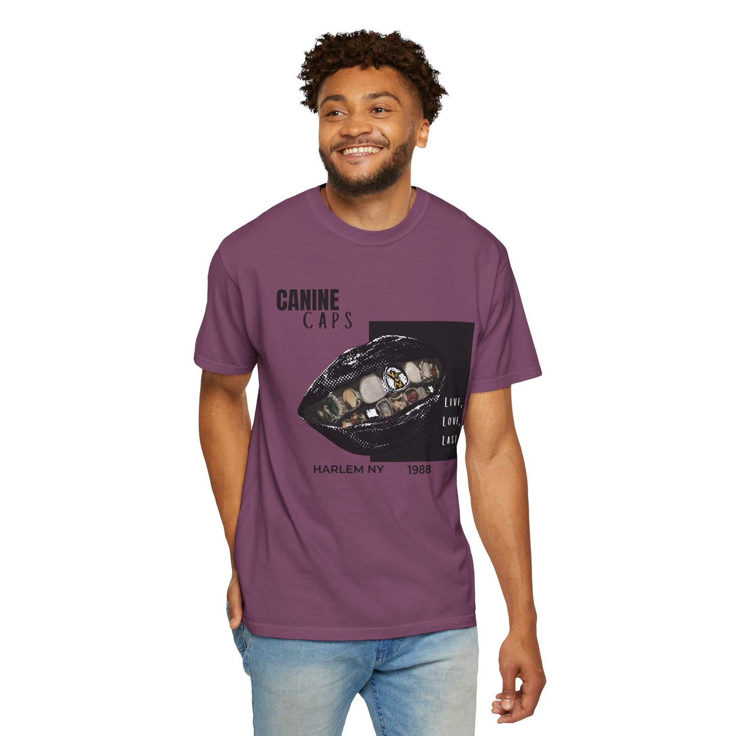 Hip-hop fashion tee worn with snapback cap urban street setting