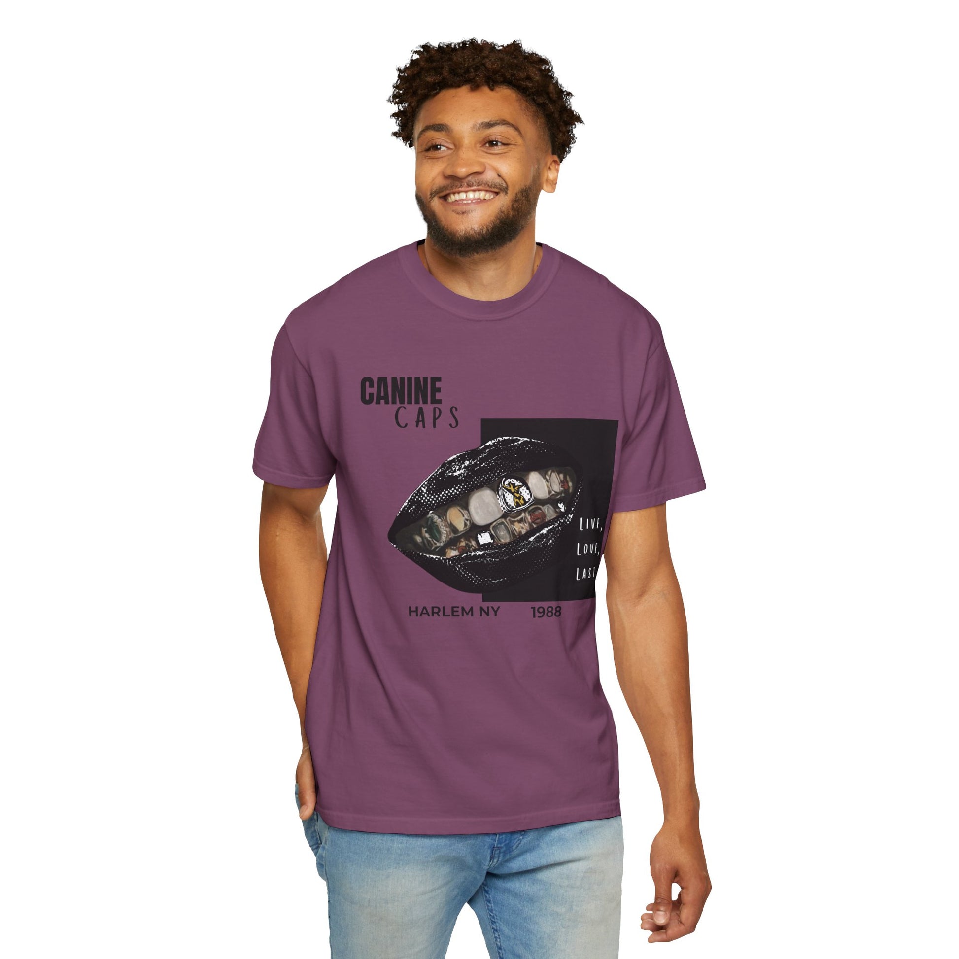 Hip-hop fashion tee worn with snapback cap urban street setting