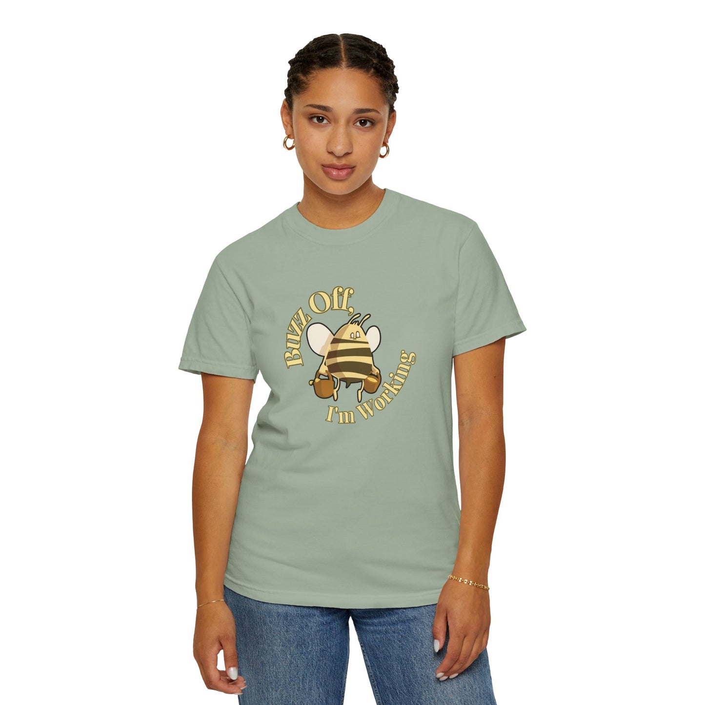 Honey bee graphic tee lifestyle shot on person seated at desk with laptop and coffee