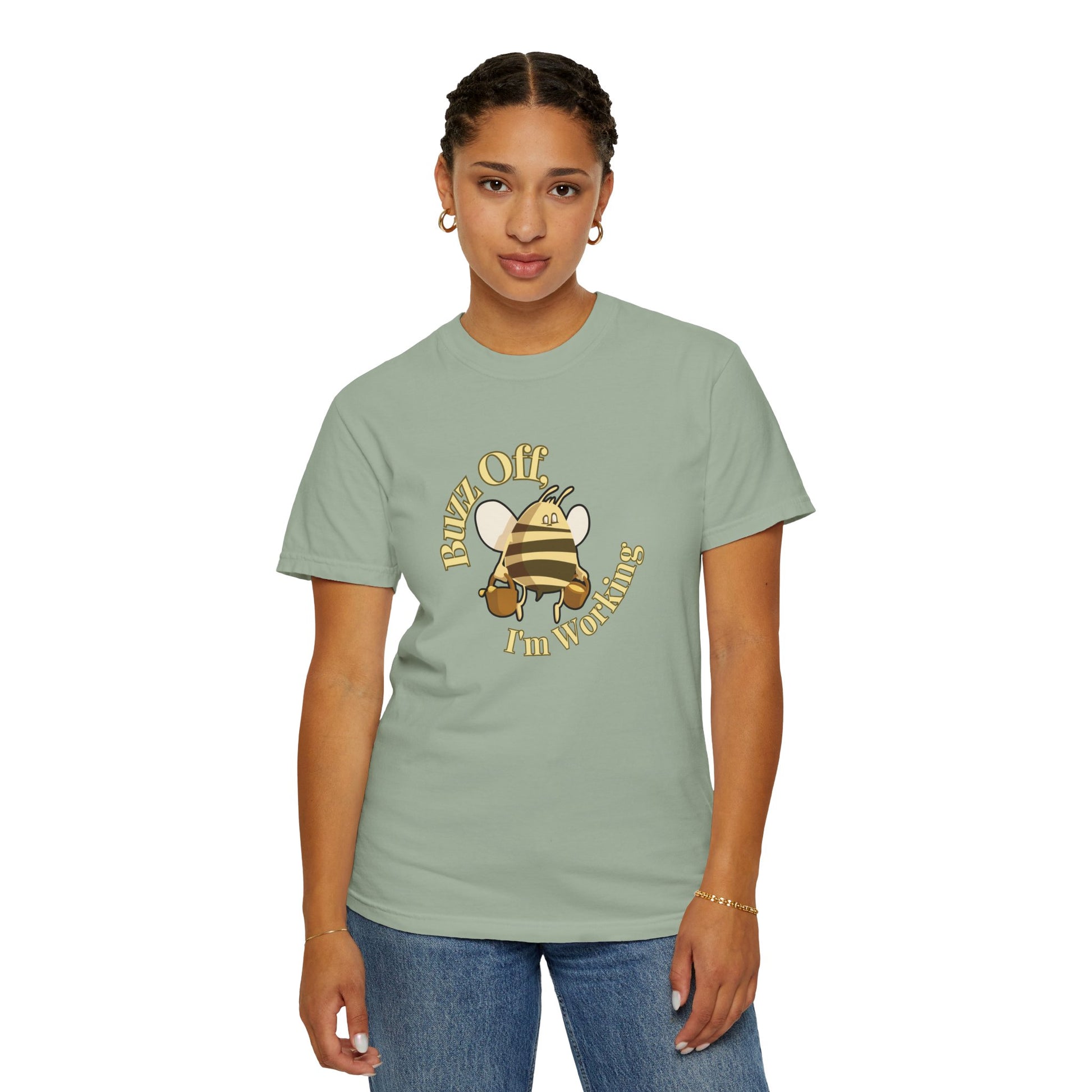 Honey bee graphic tee lifestyle shot on person seated at desk with laptop and coffee