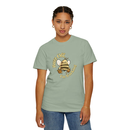 Honey bee graphic tee lifestyle shot on person seated at desk with laptop and coffee