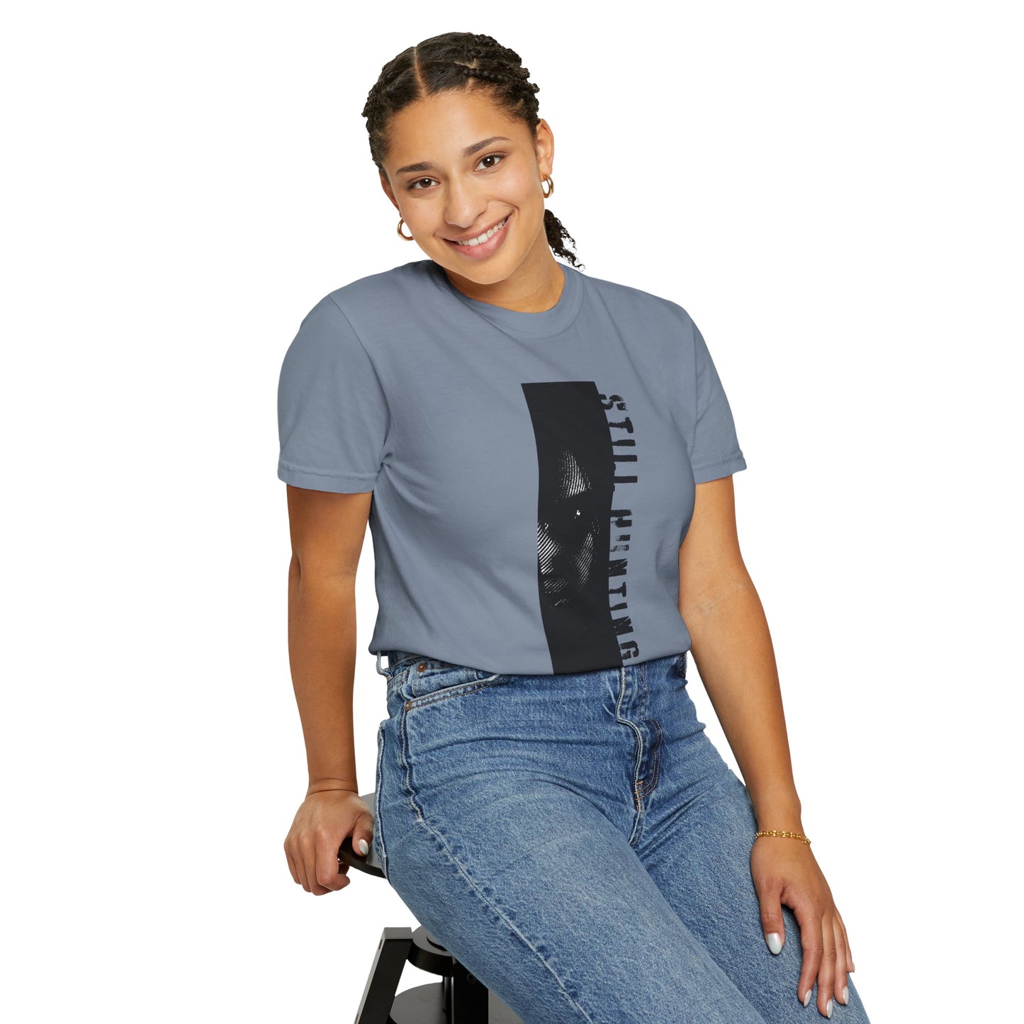 Horror heroine tee flat lay overhead shot styled minimalist product photography
