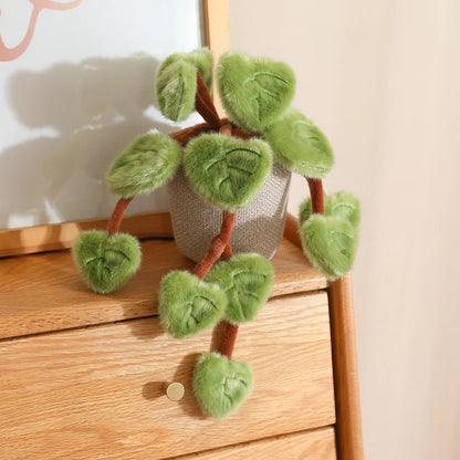 Houseplant stuffed toy pothos trailing vine poseable display on floating wooden wall shelf
