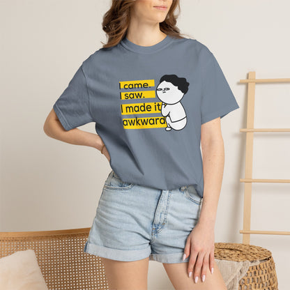 Humor apparel I Made It Awkward tee available in multiple colors lifestyle shot