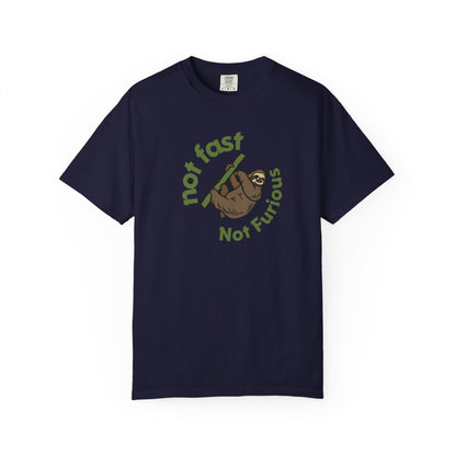 Humorous animal tee with I'm not fast Not Fur'rious sloth design in white
