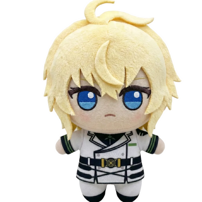 Hyakuya plush set display, Mikaela and Yuu fan-inspired figures on shelf
