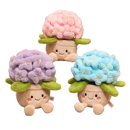 Hydrangea potted plant plushie with smiling face in purple