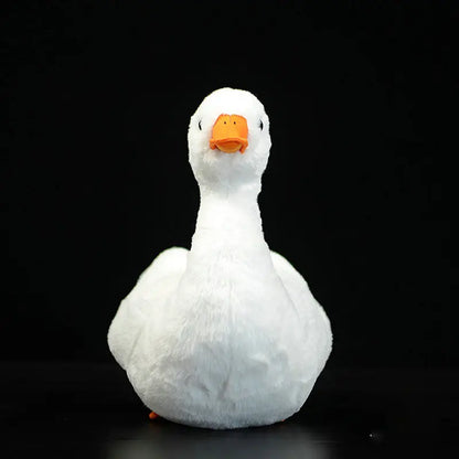 Hyper-realistic mallard stuffed animal displayed on wooden shelf