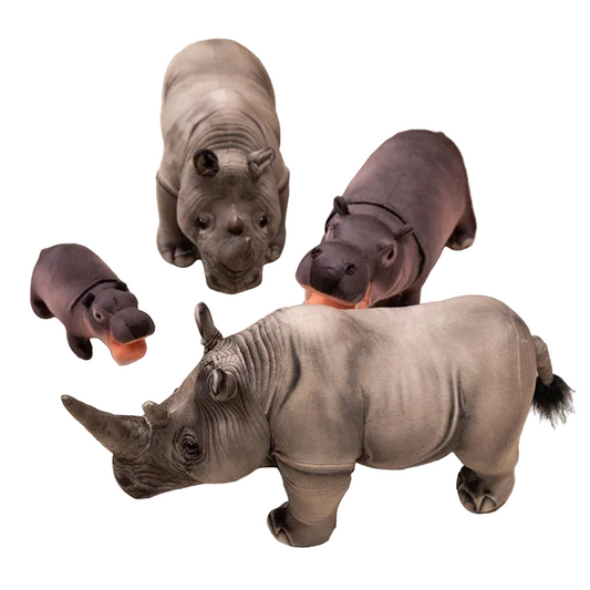 Hyper-realistic rhinoceros plush toy with detailed 3D shading on white background