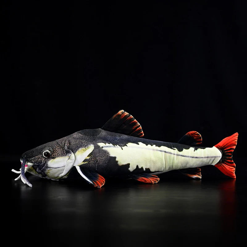 Hyper realistic fish plush toy front view white belly and dark dorsal markings