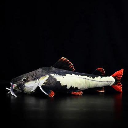 Hyper realistic fish plush toy front view white belly and dark dorsal markings