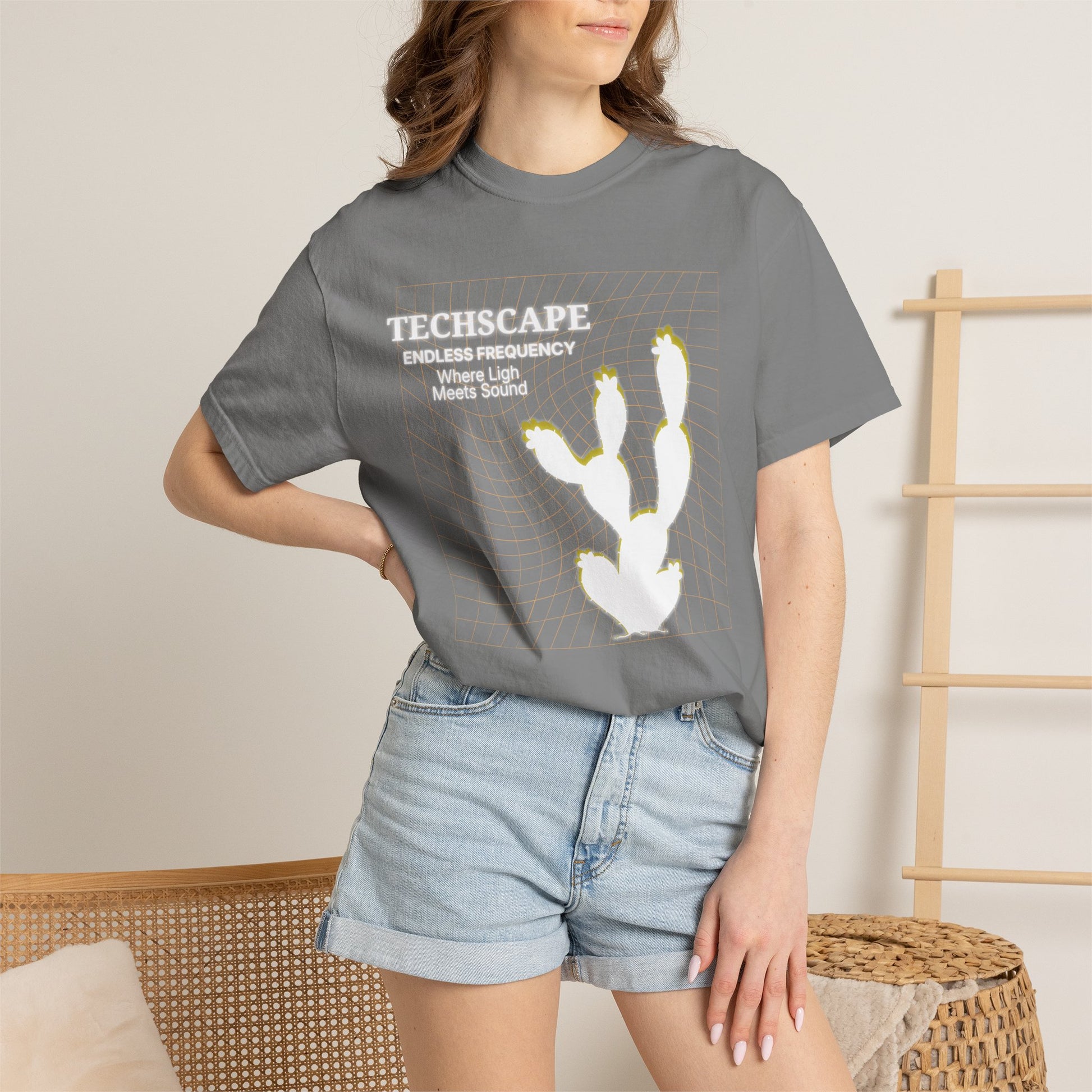 Hypnotic techno streetwear tee with abstract angular graphic, side view
