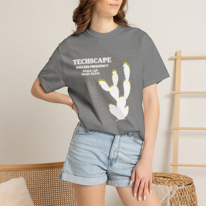 Hypnotic techno streetwear tee with abstract angular graphic, side view