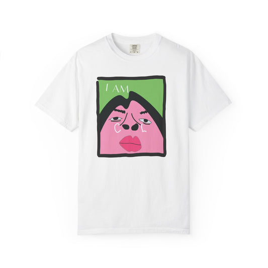 I Am Cool meme graphic T-shirt with stylized funny face design on black