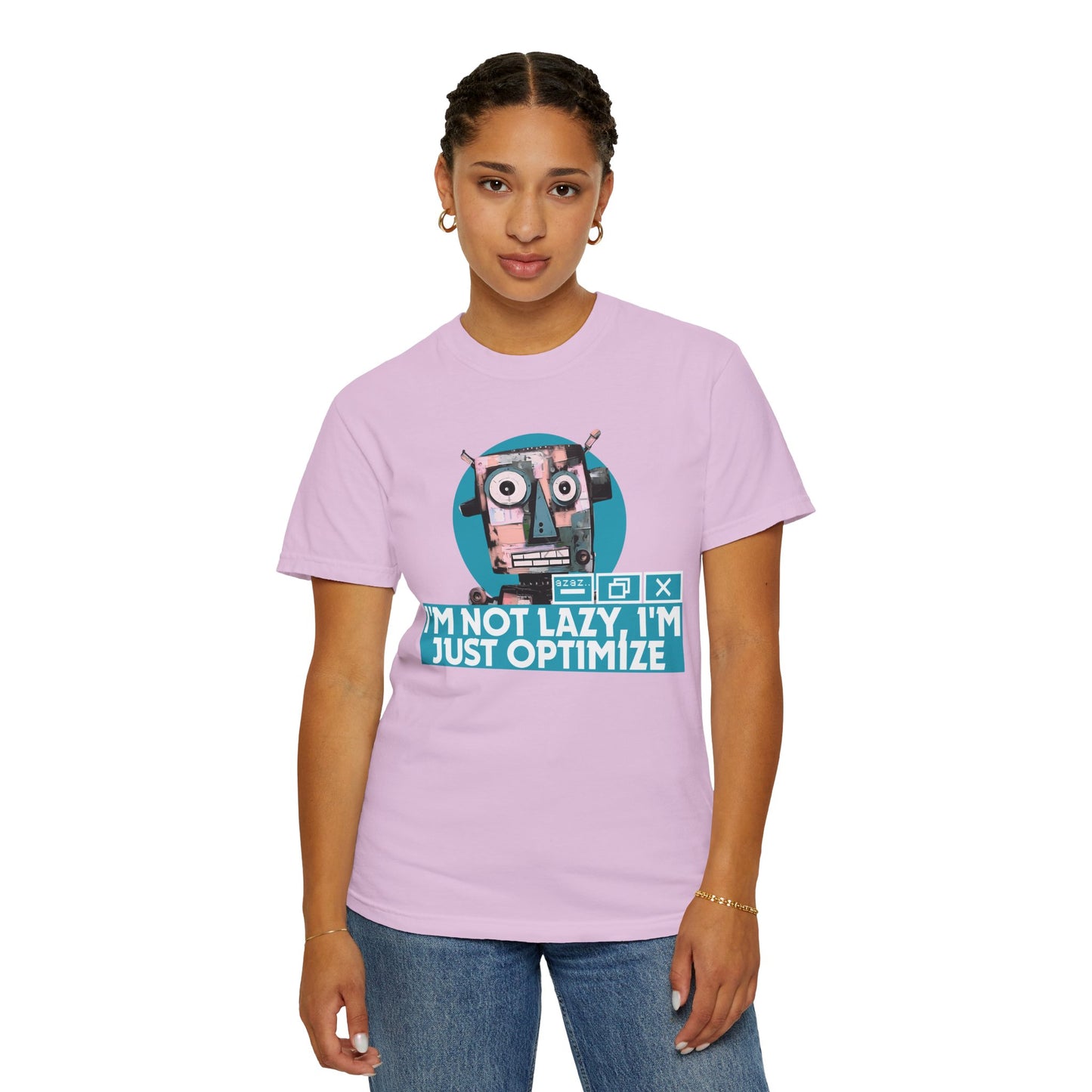 I'm Just Optimize coding shirt on male model full body front view