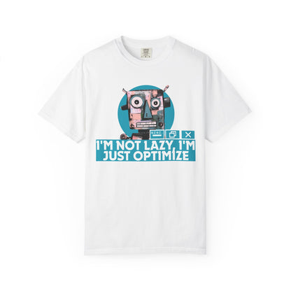 I'm Not Lazy I'm Just Optimize graphic t-shirt front view with retro robot design