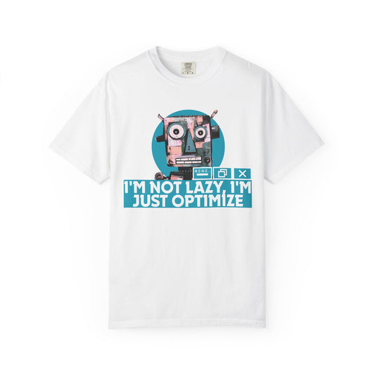 I'm Not Lazy I'm Just Optimize graphic t-shirt front view with retro robot design