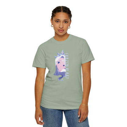 Ice blue graphic tee overhead flat lay on dark background with winter majesty frozen heart artwork
