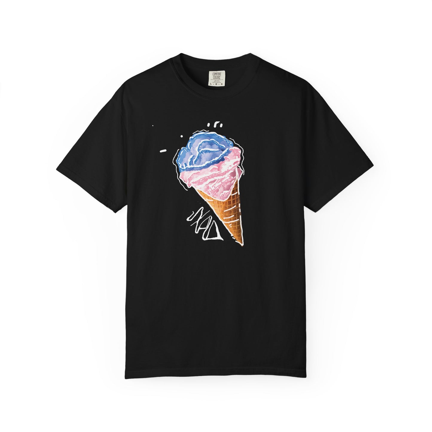 Ice cream cone graphic tee in soft watercolor blues and pinks on pigment-dyed cotton