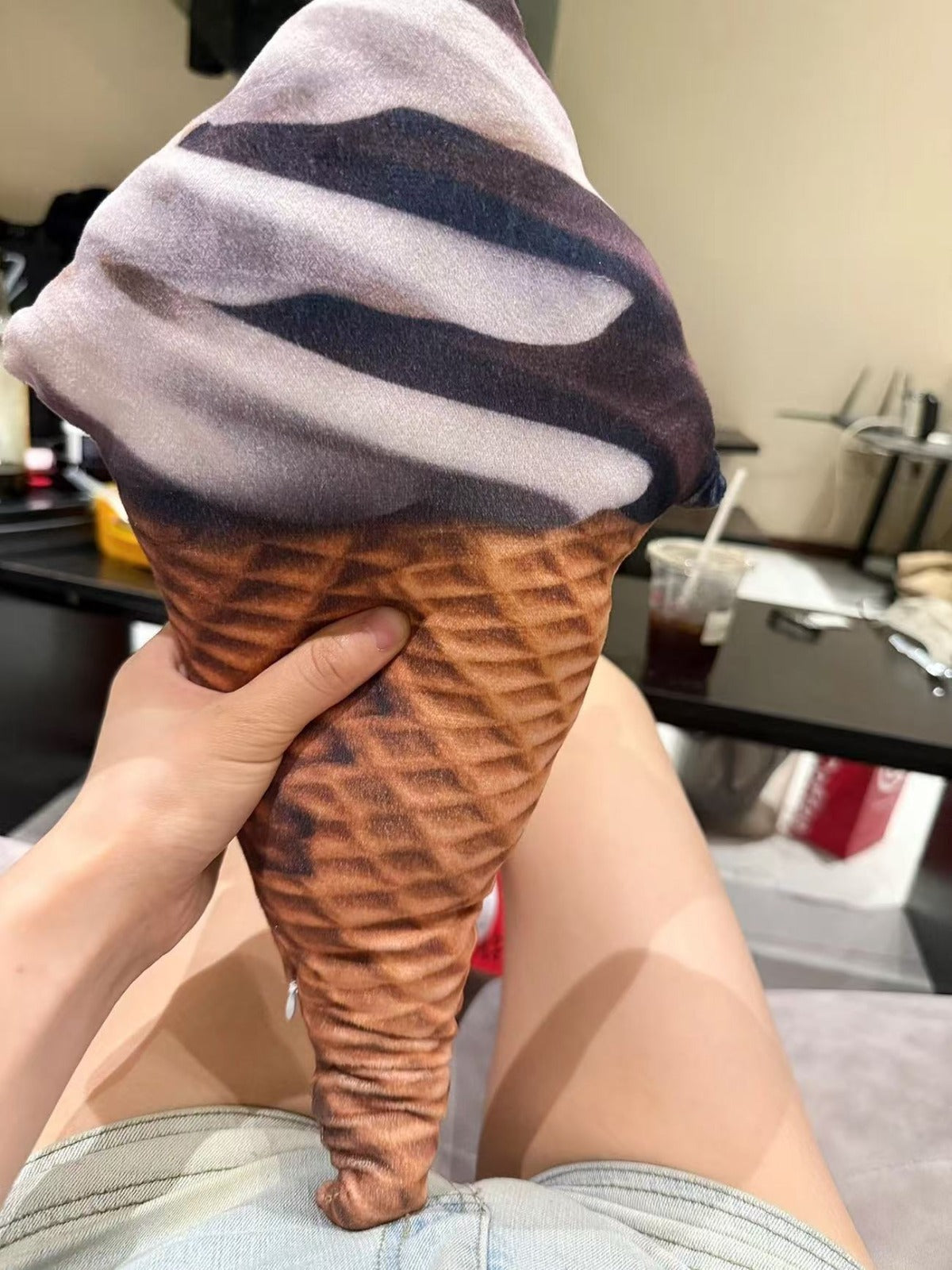 Ice cream cone plushie in strawberry vanilla twist flavor, realistic waffle cone texture, 20cm soft toy