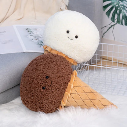 Ice cream cone stuffed animal in chocolate brown showing smiling face detail