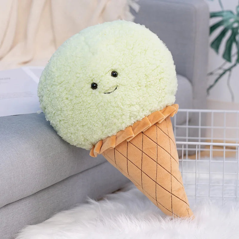 Ice cream cone stuffed animal in vanilla white bouclé fleece shown as kids room decor pillow