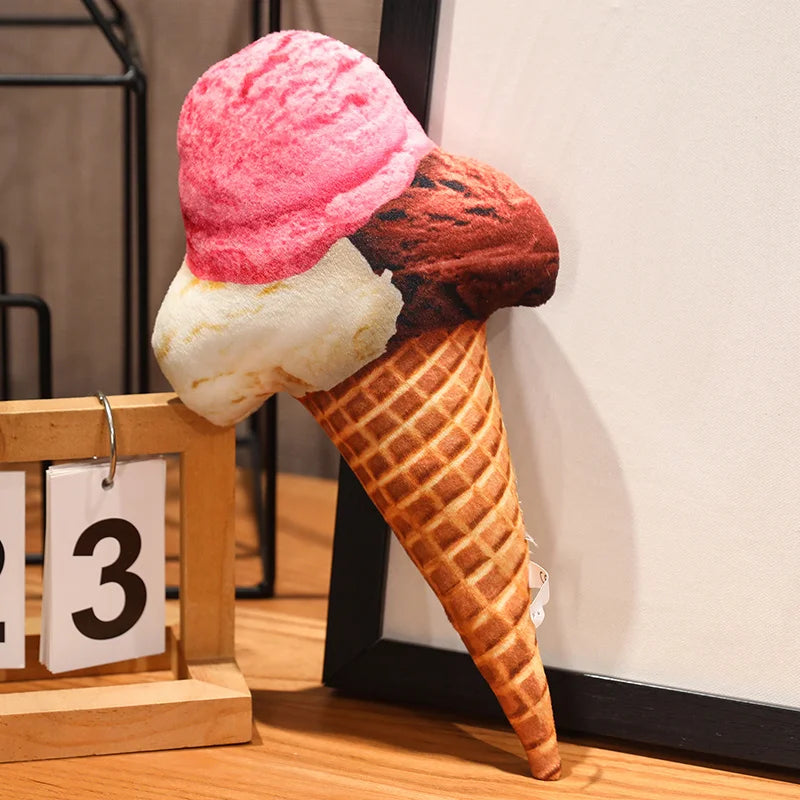 Ice cream cone stuffed toy flat lay with pastel props