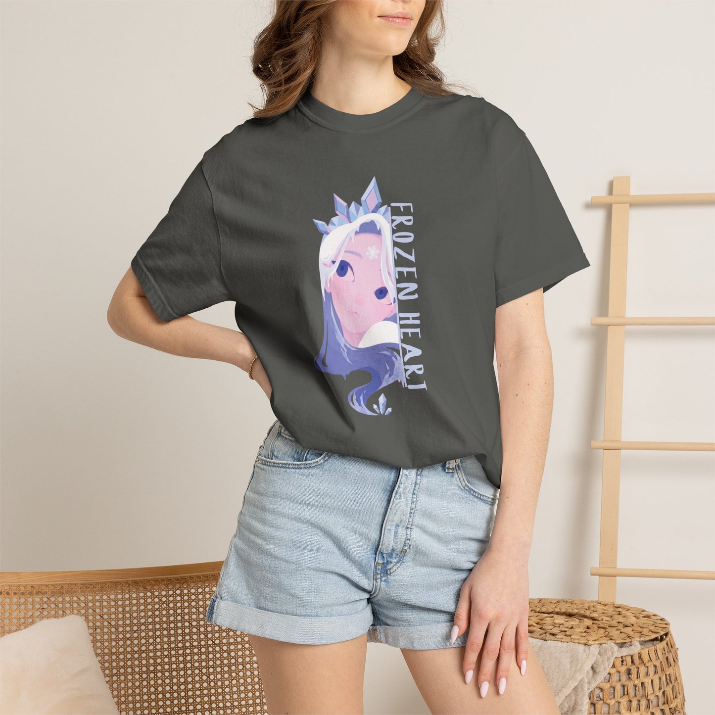 Ice queen anime tee front view showing piercing blue eyes and regal tiara graphic design

