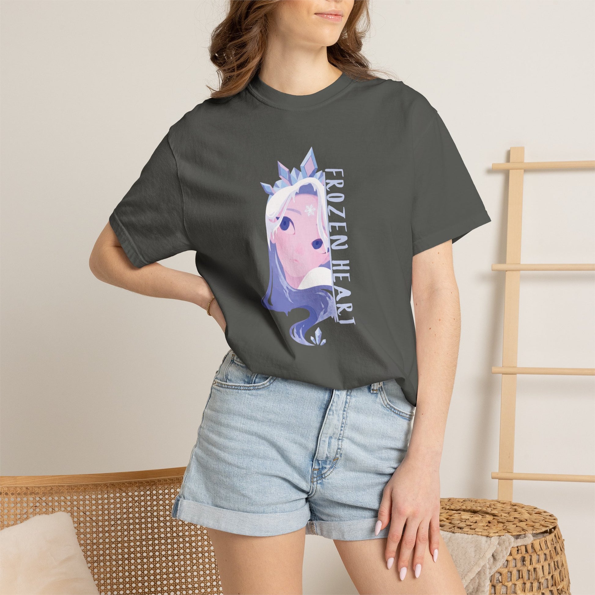 Ice queen anime tee front view showing piercing blue eyes and regal tiara graphic design
