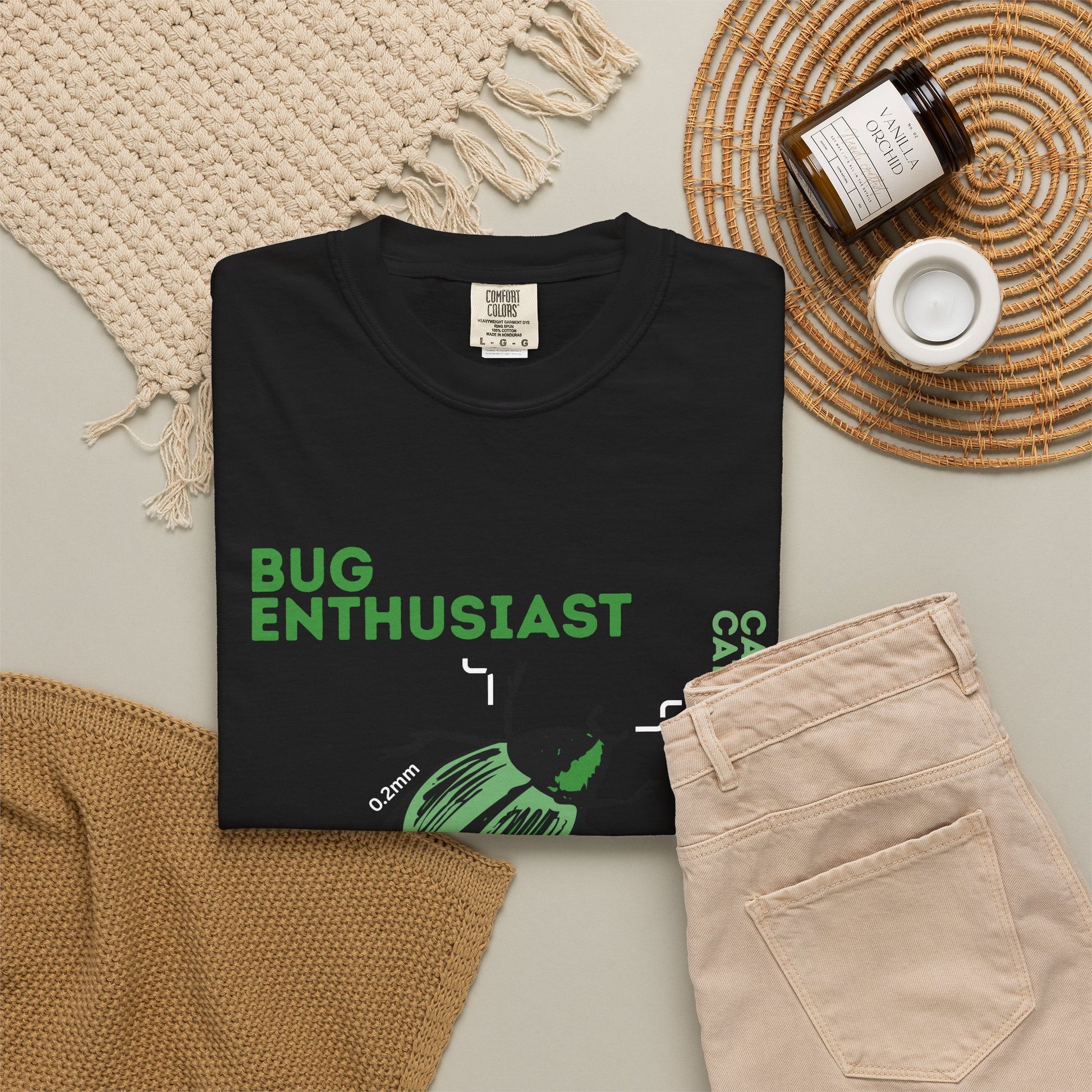 Insect collector tee gift wrapped with entomology tools and pinning kit flat lay