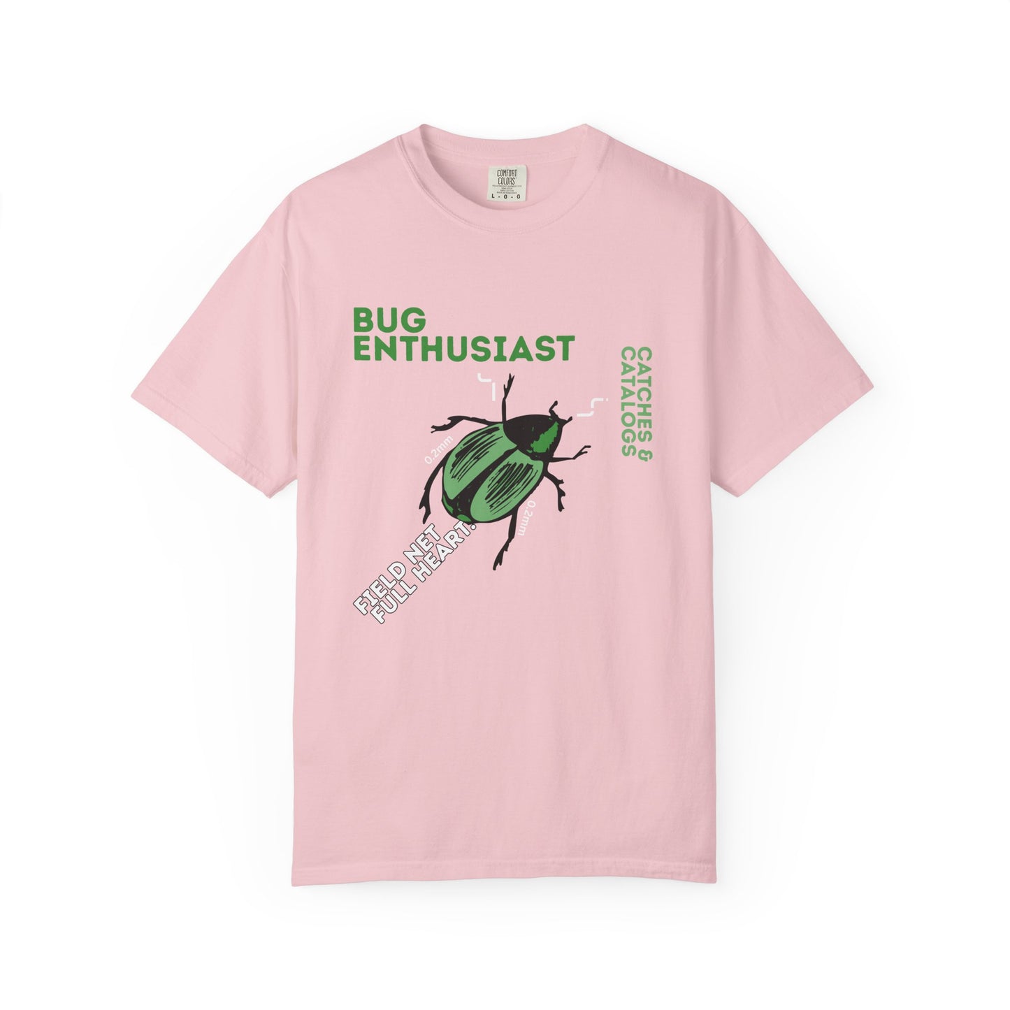 Insect lover gift idea green beetle graphic tee flat lay on wood surface